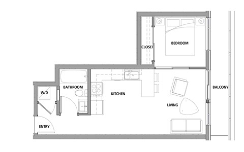 One bedroom, one bathroom apartment layout at Lynn Creek Apartments in North Vancouver, BC