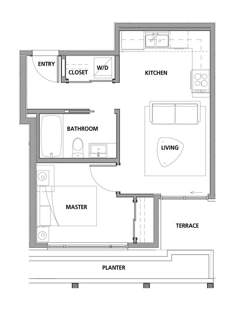 One bedroom, one bathroom apartment layout at Lynn Creek Apartments in North Vancouver, BC