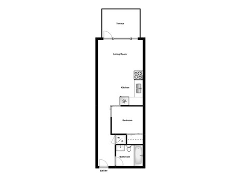 One bedroom, one bathroom apartment layout at Lynn Creek Apartments in North Vancouver, BC