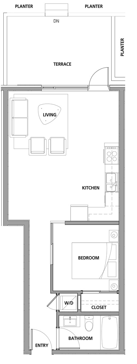 One bedroom, one bathroom apartment layout at Lynn Creek Apartments in North Vancouver, BC