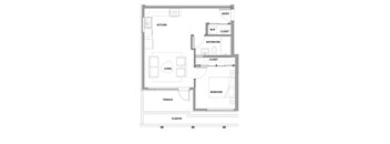 One bedroom, one bathroom apartment layout at Lynn Creek Apartments in North Vancouver, BC