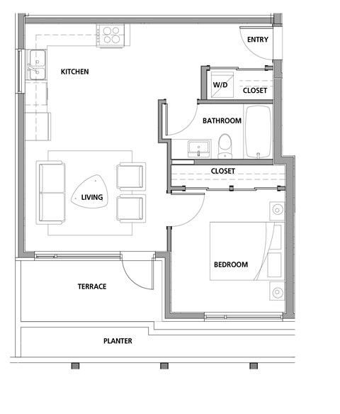 One bedroom, one bathroom apartment layout at Lynn Creek Apartments in North Vancouver, BC