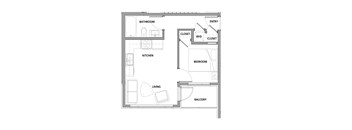 One bedroom, one bathroom apartment layout at Lynn Creek Apartments in North Vancouver, BC