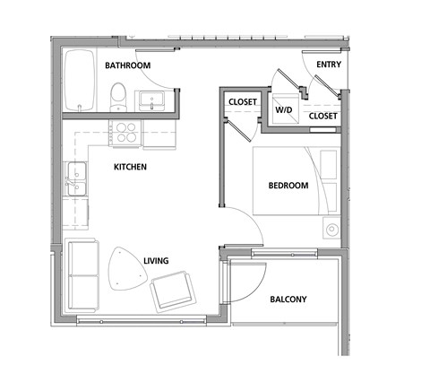 One bedroom, one bathroom apartment layout at Lynn Creek Apartments in North Vancouver, BC