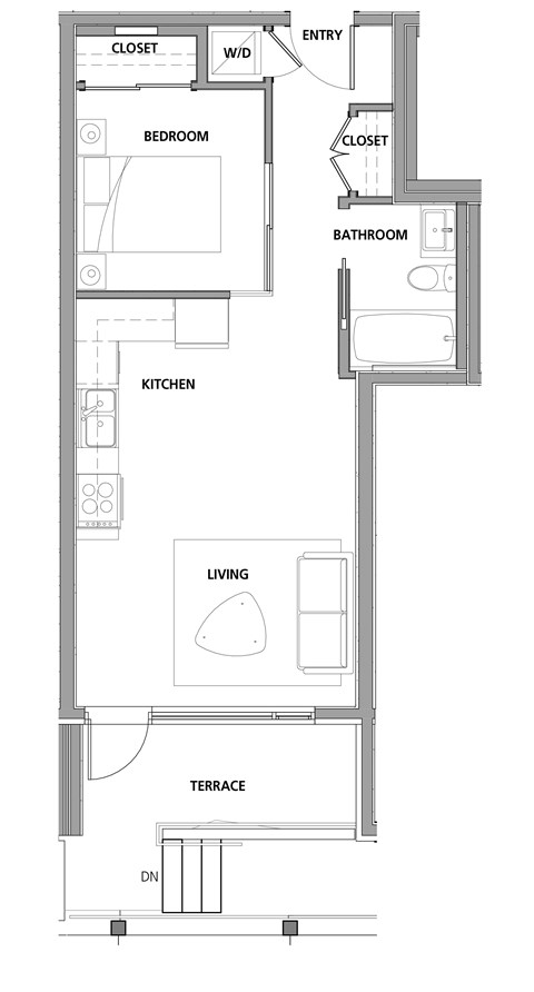 One bedroom, one bathroom apartment layout at Lynn Creek Apartments in North Vancouver, BC