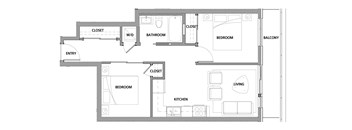 Two bedroom, one bathroom apartment layout at Lynn Creek Apartments in North Vancouver, BC