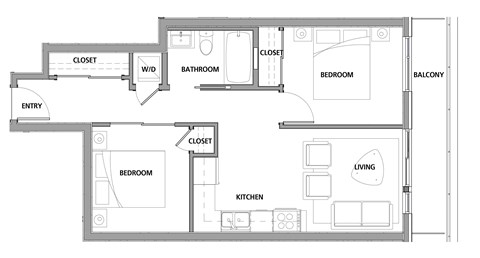 Two bedroom, one bathroom apartment layout at Lynn Creek Apartments in North Vancouver, BC