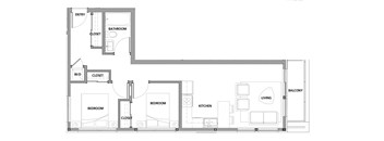 Two bedroom, one bathroom apartment layout at Lynn Creek Apartments in North Vancouver, BC