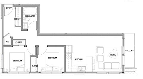 Two bedroom, one bathroom apartment layout at Lynn Creek Apartments in North Vancouver, BC