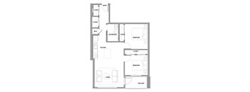 Two bedroom, one bathroom apartment layout at Lynn Creek Apartments in North Vancouver, BC