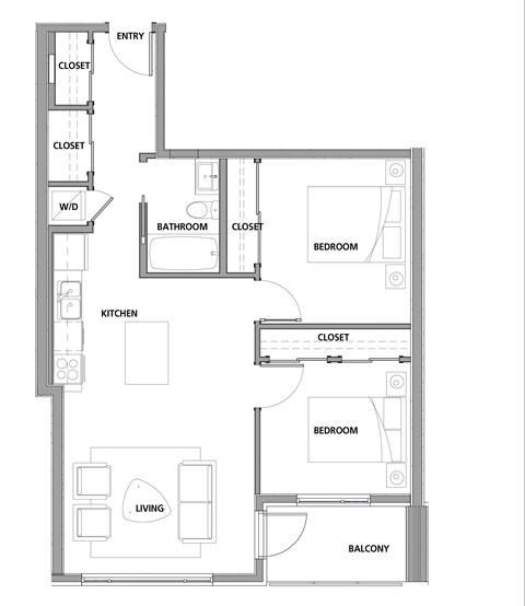 Two bedroom, one bathroom apartment layout at Lynn Creek Apartments in North Vancouver, BC