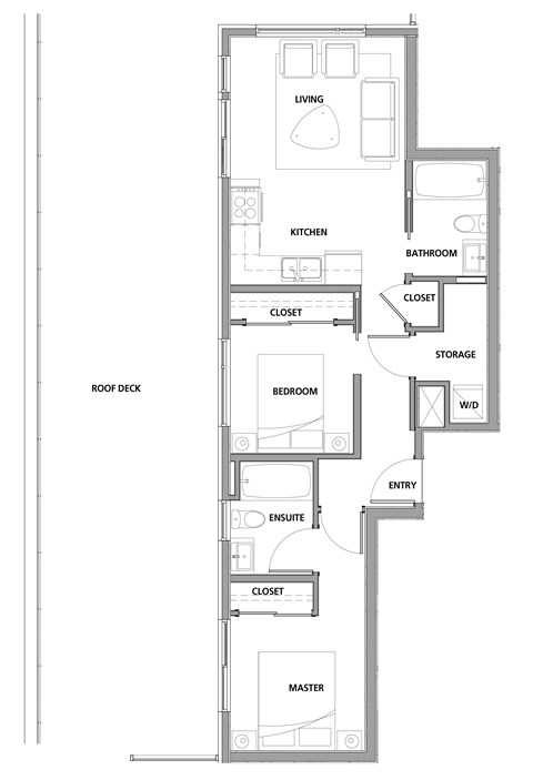 Two bedroom, two bathroom apartment layout at Lynn Creek Apartments in North Vancouver, BC