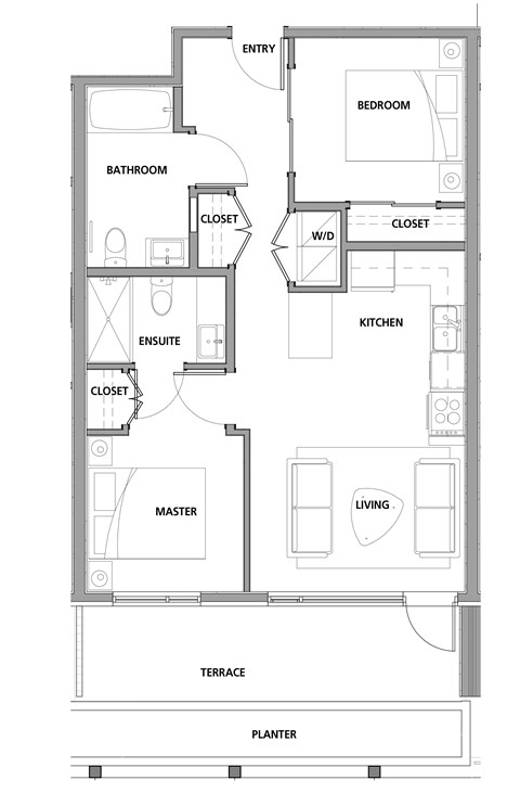 Two bedroom, two bathroom apartment layout at Lynn Creek Apartments in North Vancouver, BC