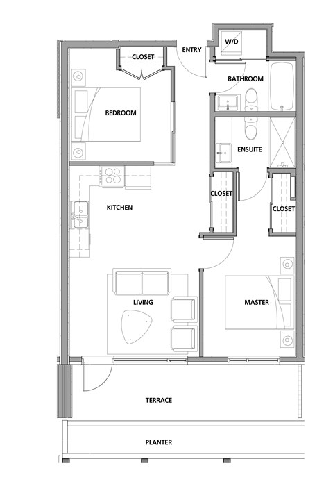 Two bedroom, two bathroom apartment layout at Lynn Creek Apartments in North Vancouver, BC