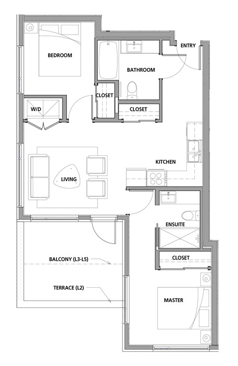 Two bedroom, two bathroom apartment layout at Lynn Creek Apartments in North Vancouver, BC