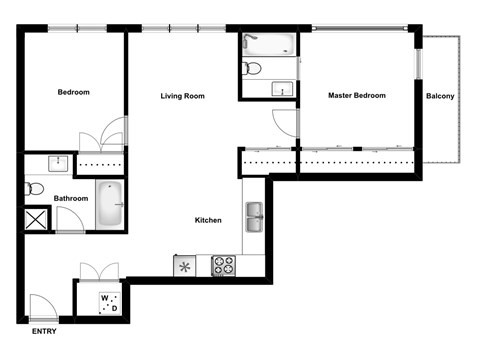 Two bedroom, two bathroom apartment layout at Lynn Creek Apartments in North Vancouver, BC