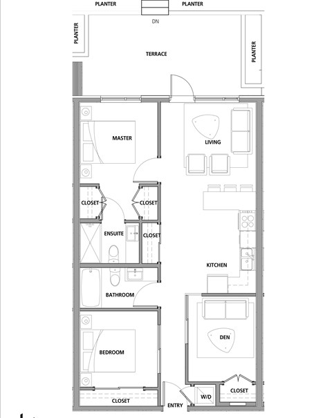 Two bedroom, two bathroom apartment layout at Lynn Creek Apartments in North Vancouver, BC