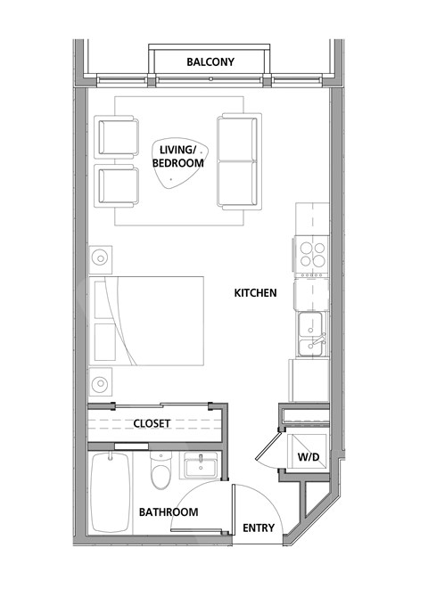 Bachelor, one bathroom apartment layout at Lynn Creek Apartments in North Vancouver, BC