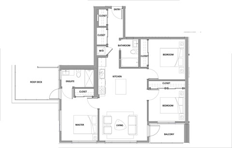 Three bedroom, two bathroom apartment layout at Lynn Creek Apartments in North Vancouver, BC