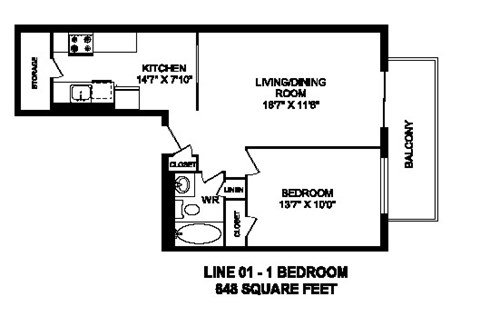 Floor plan of 1 bed, 1 bath, contemporary bachelor apartment at Regency Tower in Owen Sound, ON