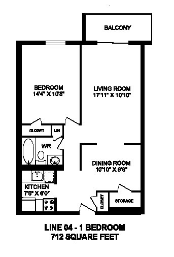 Floor plan of 1 bed, 1 bath, high quality, upscale apartment at Regency Tower in Owen Sound, ON