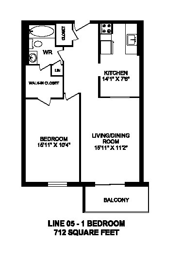 Floor plan of 1 bed, 1 bath, spacious, customizable apartment at Regency Tower in Owen Sound, ON