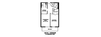 Floor plan of 1 bed, 1 bath, modern apartment with balcony at Regency Towers in Owen Sound, ON