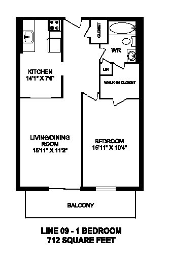 Floor plan of 1 bed, 1 bath, modern apartment with balcony at Regency Towers in Owen Sound, ON
