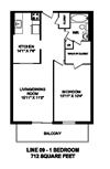 Enjoy cozy living in upscale suites Floor plan of 1 bed, 1 bath, modern apartment with balcony at Regency Towers in Owen Sound, ON