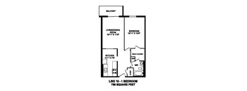 Floor plan of 1 bed, 1 bath, bachelor apartment with balcony at Regency Towers in Owen Sound, ON