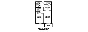 Floor plan of 1 bed, 1 bath, modern suite with balcony access at Regency Towers in Owen Sound, ON