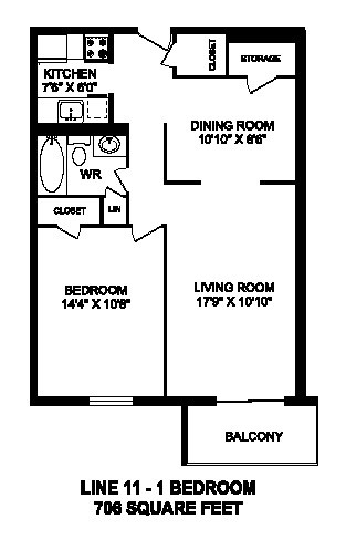 Floor plan of 1 bed, 1 bath, modern suite with balcony access at Regency Towers in Owen Sound, ON