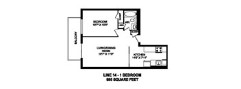 Floor plan of 1 bed, 1 bath, contemporary apartment with city sights at Regency Towers in Owen Sound, ON