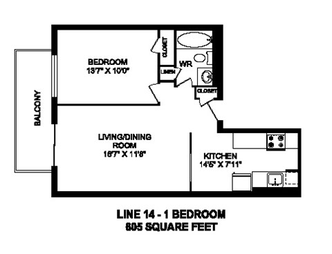 Floor plan of 1 bed, 1 bath, contemporary apartment with city sights at Regency Towers in Owen Sound, ON