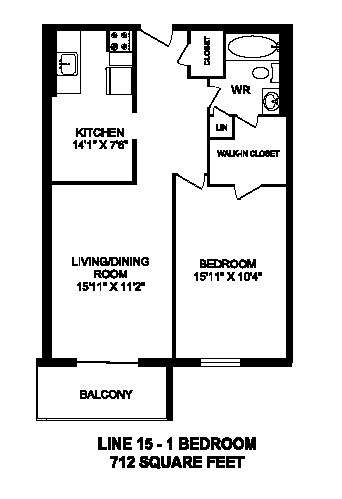 Floor plan of 1 bed, 1 bath, spacious, luxury apartment at Regency Towers in Owen Sound, ON