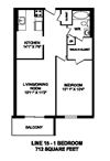 Enjoy modern, open concept suites and balcony views Floor plan of 1 bed, 1 bath, spacious, luxury apartment at Regency Towers in Owen Sound, ON