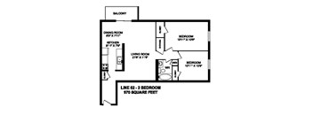 Floor plan of 2 bed, 1 bath, modern design with view at Regency Towers in Owen Sound, ON