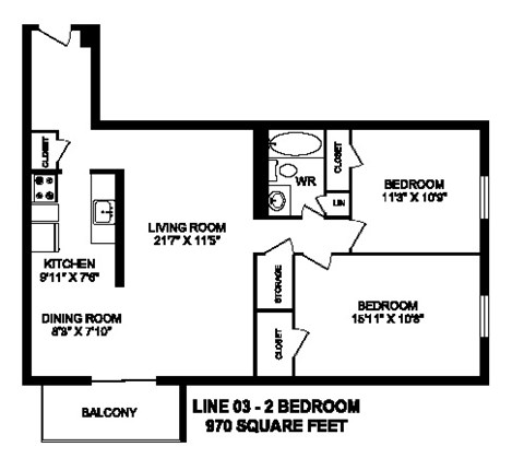 Floor plan of 2 bed, 1 bath, spacious, elegant living at Regency Towers in Owen Sound, ON