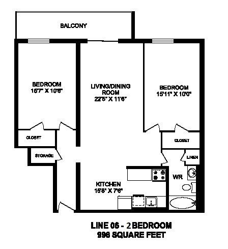 Floor plan of 2 bed, 1 bath, large, modern design at Regency Towers in Owen Sound, ON