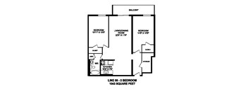 Floor plan of 2 bed, 1 bath, sleek style, generous space at Regency Towers in Owen Sound, ON
