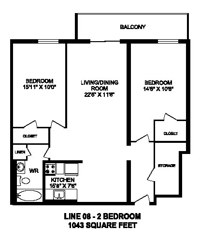 Floor plan of 2 bed, 1 bath, sleek style, generous space at Regency Towers in Owen Sound, ON