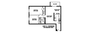 Floor plan of 2 bed, 1 bath, generous apartment with balcony at Regency Towers in Owen Sound, ON