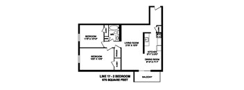 Floor plan of 2 bed, 1 bath, open concept apartment with balcony access at Regency Towers in Owen Sound, ON
