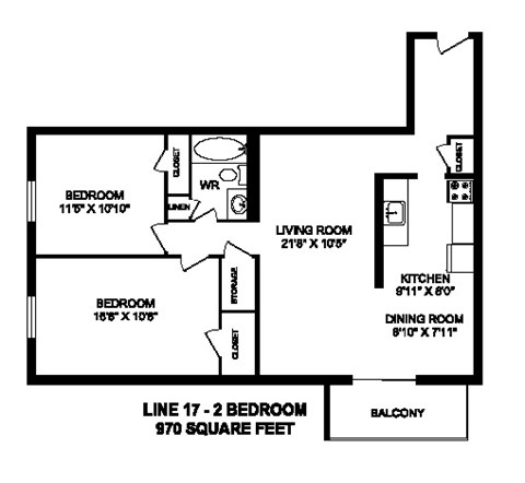 Floor plan of 2 bed, 1 bath, open concept apartment with balcony access at Regency Towers in Owen Sound, ON