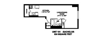 Floor plan of studio, 1 bath, open concept suite at Regency Tower in Owen Sound, ON
