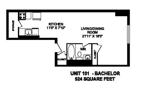 Floor plan of studio, 1 bath, open concept suite at Regency Tower in Owen Sound, ON