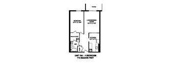 Floor plan of 1 bed, 1 bath, generous modern apartment at Regency Towers in Owen Sound, ON
