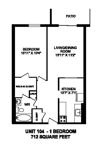 Floor plan of 1 bed, 1 bath, generous modern apartment at Regency Towers in Owen Sound, ON