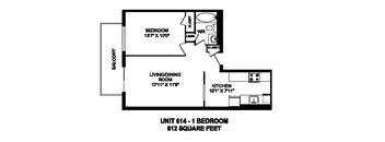Floor plan of 1 bed, 1 bath, spacious, customizable apartment at Regency Towers in Owen Sound, ON