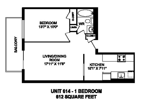 Floor plan of 1 bed, 1 bath, spacious, customizable apartment at Regency Towers in Owen Sound, ON